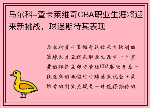 马尔科-查卡莱维奇CBA职业生涯将迎来新挑战，球迷期待其表现