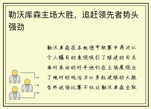 勒沃库森主场大胜，追赶领先者势头强劲